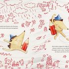 Texte: "Sobald Piri den roten Stift in den Pfoten hält...", "Angestachelt vom Donnern...", "Wegen des Sturms fallen an diesem...", "Beim Malen vergisst Piri völlig...", "Und weil der Wind draußen heult...". Illustration mit Piri, einem Wesen mit rotem Stift und blauer Mütze, umgeben von roten Kritzeleien von Wolken und Tieren in einem weißen Raum.