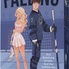 "Janisha Boswell: FALLING. Ihre Beziehung ist fake. Sind ihre Gefühle das auch? Roman. Illustration: Frau mit Schlittschuhen und Mann in Eishockeyausrüstung vor einem Tor."