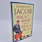 Buchtitel: "Manolo Blahnik und der Traum vom Erfolg" von Charlotte Jacobi, daneben Schuhe und ein Mann im Anzug.