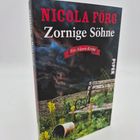 „NICOLA FÖRG Zornige Söhne Ein Alpen-Krimi“. Wolkiger Himmel, verlassene Bank, Steinmauer, gelbe Blumen.
