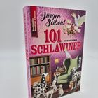 Auf dem Cover steht: "Jürgen Seibold, 101 Schlawiner, Kriminalroman". Illustration: Dalmatiner, Bücherregal, grüner Sessel.