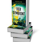 Text: "Adrian Tchaikovsky, Der Symbiont, Roman, Piper". Cover mit gelben Pflanzen und futuristischer Landschaft, Buchstapel.