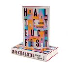 Auf dem Cover steht "HALTET EUCH FEST" sowie "Mareike Fallwickl" und "Roman". Bunte, abstrakte Grafik mit Fenster-Design.