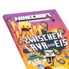 Ein buntes Buchcover mit den Texten "MINECRAFT", "Erstes Leseabenteuer", und "ZWISCHEN LAVA UND EIS".