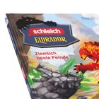 Slogan "Ziemlich beste Feinde". Illustration eines feuerspeienden Tieres in einem Kampf mit einem steinernen Wesen.