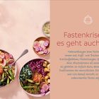 Fastenkrisen – es geht auch ohne. Zwei Schalen mit buntem Salat, Tofu, Karottenstreifen und Zuckerschoten auf rosa Untergrund.