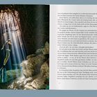 Seite 47. Links eine Unterwasseraufnahme: Ein Taucher wird von Lichtstrahlen in einer Höhle erleuchtet, umgeben von Felsen.
