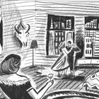 Illustration: Paar tanzt in einem Raum, Frau mit Weinglas schaut zu. Ein Schädel an der Wand, geometrisches Muster links.