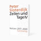 Text: "Peter Sloterdijk, Zeilen und Tage IV, Notizen 2017–2020, Suhrkamp". Buchcover mit handschriftlichem Hintergrund.