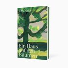 Text: "Urs Faes, Ein Haus auf den Bäumen, Novelle Suhrkamp." Illustration: Ein abstrakter, grüner Baum.