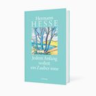 Buchcover von Hermann Hesse, Titel: "Jedem Anfang wohnt ein Zauber inne", mit Illustration von Bäumen und Landschaft.