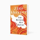 "Jina Khayyer. Im Herzen der Katze. Roman Suhrkamp." Oranges, kunstvolles Design mit stilisierten geschwungenen Linien.