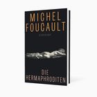 "MICHEL FOUCAULT", "SUHRKAMP", "DIE HERMAPHRODITEN" in orange Schrift. Darunter eine liegende Skulptur.