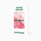Titel: Die Alpen. Autor: Georg Simmel. Verlag: Suhrkamp. Rotes Bild eines Bergpanoramas mit Wanderern.