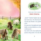 Titel: Gimlis Schatten. Zwei spielende Ponys in grünem Kranz, darunter mehrere weidende Ponys auf einer Wiese.