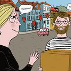 Zwei Personen begrüßen sich fröhlich mit "Hallooooo!" auf einer bunten Straße mit Herzen an den Häuserwänden.