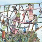 Text beschreibt den Bau einer großen Arche durch Noah und seine Familie. Illustration von Personen beim Bau eines Schiffsgerüsts.