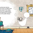 In einem Raum mit Steinmauer sieht ein Geist in einen Spiegel, daneben Bücher, Mäuse und ein blauer Krug mit Blumen.