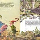 Der Text beschreibt eine Unterwasserszene, in der der kleine Wassermann und seine Freunde besorgt über ihre Zukunft sind. Links sieht man einen großen Karpfen und einen kleinen Wassermann, rechts eine Gruppe von Fröschen und einen Biber auf einem Damm.