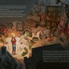 Texte beschreiben ein Kinderzimmer mit Kartons voller Spielsachen. Ein Kind steht darin, umgeben von Kuscheltieren und Spielen.