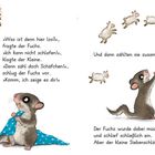 „Was ist denn hier los?“, fragte der Fuchs. Illustration: Ein Fuchs und ein kleiner Siebenschläfer, der Schäfchen zählt.