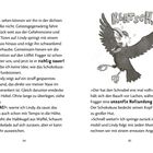 Text beschreibt eine Szene mit einer chaotischen, humorvollen Handlung. Rechts ist eine schwarz-weiße Illustration eines Vogels im Flug, der von einem Gegenstand getroffen wurde, begleitet von dem lautmalerischen "KLATSCH".