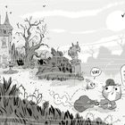 Dialog: Tört - Ja, das war gruselig. Für ein Taschentuch. Illustration einer Katze und einer kleinen fliegenden Kreatur vor einem alten Haus.