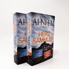 "HERZ SAMMLER" von Stefan Ahnhem, Kriminalroman. Zwei Bücher nebeneinander, Küstenlandschaft im Hintergrund.