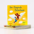 „Der fliegende Osterhase“ steht auf einem gelben Cover. Eine Illustration zeigt einen Hasen mit Flügeln in der Luft.