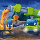 Text: „Der Kran steht still im Abendlicht...“, „Kleiner Bagger sagt: ‚Gut' Nacht!‘...“. Illustration: Bagger lächelt Kran zu.