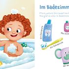 „Im Badezimmer: Pitsch, patsch! Emil badet mit viel Schaum.“ Illustration mit Kind, Schaum und Badeutensilien.