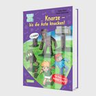 Text links: Anna und Stefan kämpfen gegen Zombies mit Pfeil, Bogen und Brot. Comic-Stil mit Cartoon-Zombies.