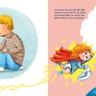 Texte: 

1. "Charlie legt die Stirn in Falten..."
2. "Ich brauch sie noch, für alle Fälle..."
3. "DIE WINDEL BLEIBT!"

Illustration: Ein Kind mit rotem Haar und ein Erwachsener knien sich gegenüber. Das Kind trägt Windeln, zeigt Entschlossenheit, Witz und Unabhängigkeit. Links steht ein Hund auf der Toilette. Rechts hält das Kind freudig ein Schild mit einer Windelabbildung hoch.