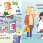 Links: Mutter und Kind im Geschäft. Kind zeigt einen Schnuller. Rechts: Frau untersucht lächelndes Kind beim Zahnarzt.