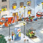 Text: "Bäckerei", "Bäckerei Simon", "Rettungsdienst", Liste mit Worten und Bildern, darunter "der Motorroller", "die Fledermaus".  
Szene: Lebhafte Straßenszene am Morgen mit Bäcker und Rettungsdienst.