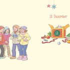 Text: "13. Dezember". Illustration: Vier lachende Menschen in Winterkleidung; Katze schaut aus einer offenen Box.