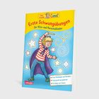 Ein illustriertes Buchcover: "Erste Schwungübungen für Kita- und Vorschulkinder". Illustration: Ein Kind mit Umhang.