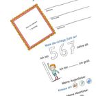 „Das bin ich!“ Vorname, Nachname, Spitzname. Foto vom 1. Schultag. Alter, Größe, Augen- und Haarfarbe, Lieblingsfarbe. Drei Kinder.