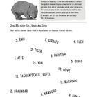 "Nacktnasenwombat", Beschreibung des Tieres, Aufgaben zur Identifizierung australischer Tiere, Wombat-Illustration links oben.