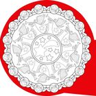 Illustration eines Mandalas mit Engeln und Sternen, umgeben von lächelnden Gesichtern auf rotem Hintergrund.