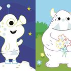 Links: Ein fröhliches Alien mit einem Satelliten im Weltraum. Rechts: Ein Monster mit Blumen im Garten. Illustration.
