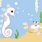 Illustration: Ein fröhliches Seepferdchen und ein Krebs unter Wasser, umgeben von Seegras und Luftblasen.