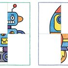 Illustration eines Roboters und einer Rakete, beide in vier Quadraten unterteilt. Bunte, kindliche Zeichnungen.