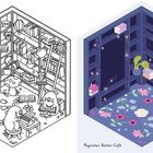 Links: "Mit einem Hauch Magie...", Illustration mit Figuren, Büchern, Tassen. Rechts: "Magisches Bücher-Café", bunte Regale, Blumen.