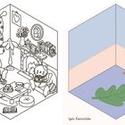 Text: "Igel bereitet sich auf kalte Tage vor – mit einem selbst gestrickten, warmen Schal. Igels Kaminstube."

Links: Ein Igel strickt, gemütliches Zimmer mit Kamin. Rechts: Leerer Raum mit Kamin und Blatt.