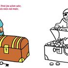 "Pirat Joe freut sich über den Schatz, er steckt voller Reichtum. Links schließt er eine Kiste, rechts ist sie voll."