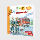 "Frag doch mal… Feuerwehr. Mit vielen Klappen, Ab 2 Jahren." Zwei Feuerwehrleute spritzen Wasser, ein Feuerwehrauto im Hintergrund.