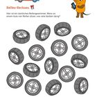 Reifen-Rechnen: Illustration mit Reifen, eine Maus mit Handy, rotes Auto mit Gepäck, "Es bleiben _____ Reifen übrig."