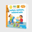 "Lachen, weinen, wütend sein." Drei Kinder spielen mit Spielsachen auf einem liebevoll illustrierten Buchcover.
