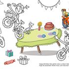 Happy Birthday! Illustration mit Kindern auf Fahrrädern, ein gedeckter Geburtstagstisch mit Kuchen und Partydekorationen.